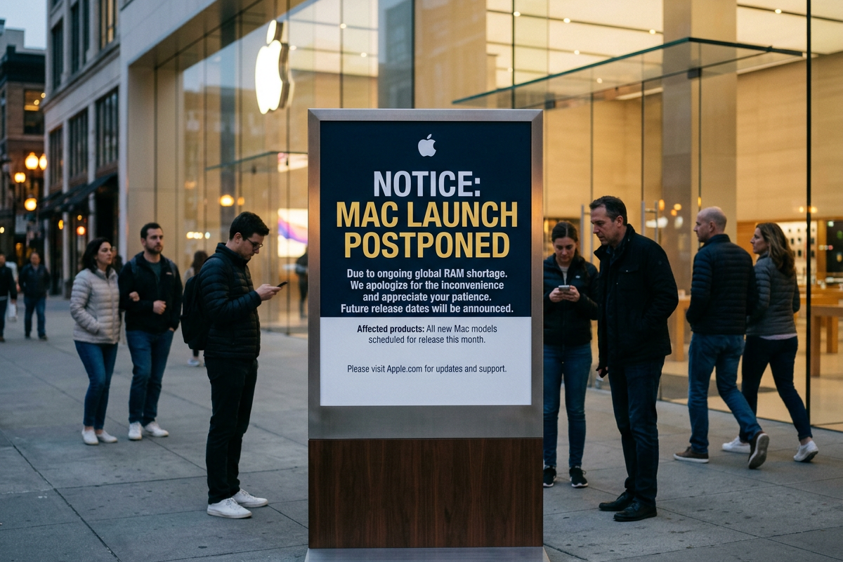 Sign stating Mac launch postponed due to global RAM shortage outside Apple store