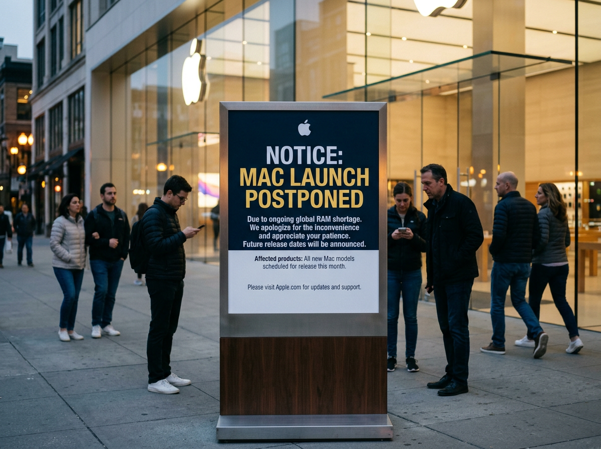 Sign stating Mac launch postponed due to global RAM shortage outside Apple store