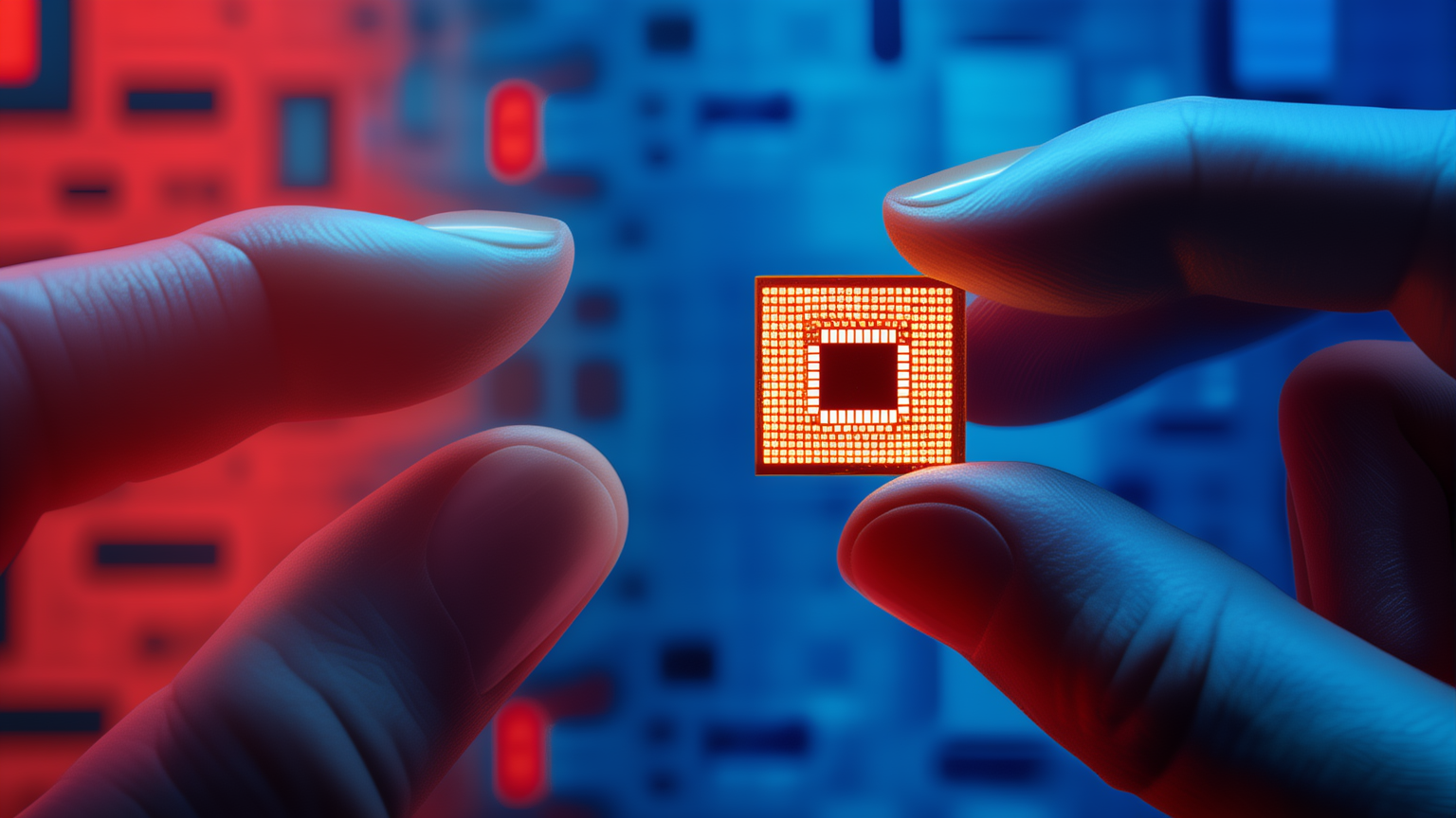 Due mani stringono un chip AI su uno sfondo diviso tra bandiere USA e Cina