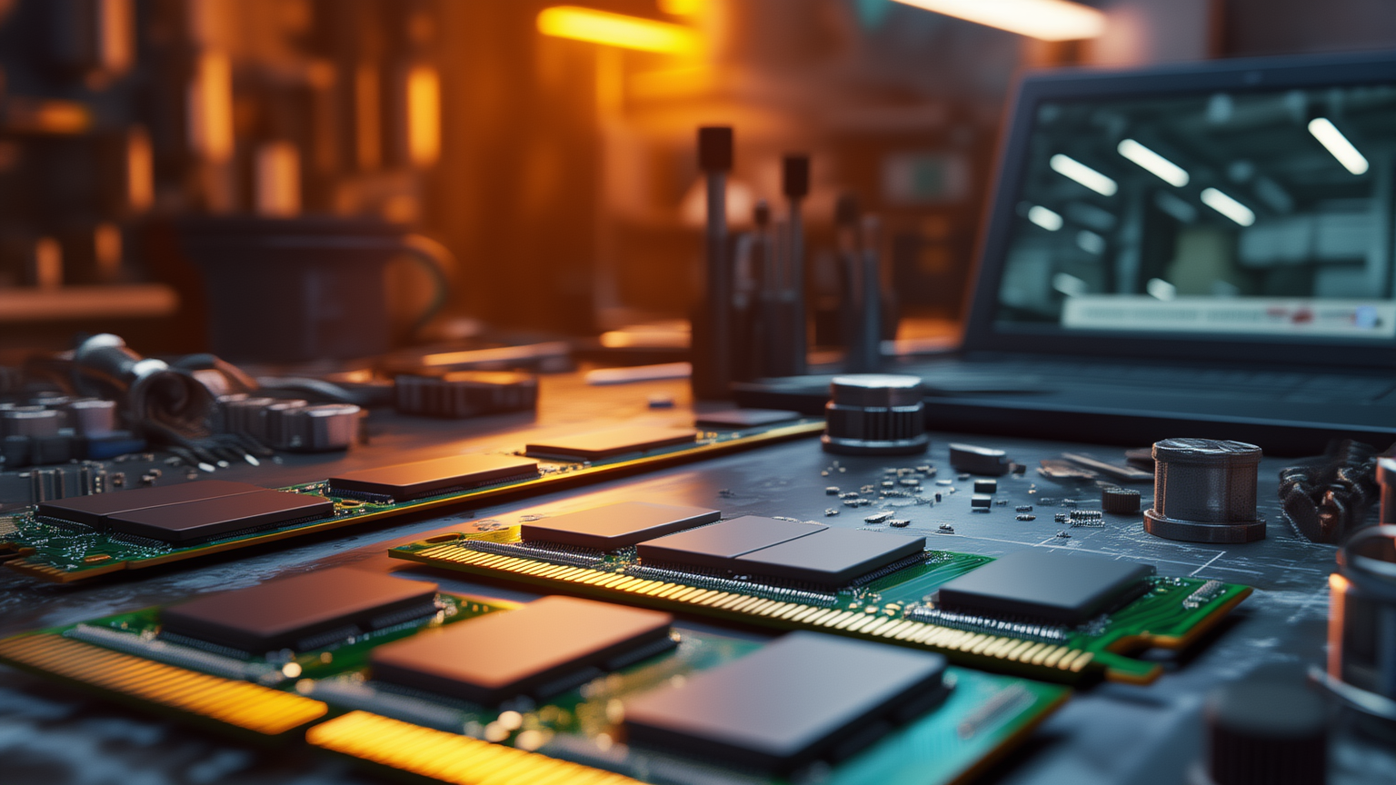 Moduli di memoria RAM DDR5 SO-DIMM su un banco di lavoro con laptop aperto sullo sfondo