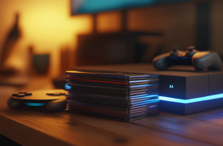 Dischi di videogiochi e console su un tavolo, con prezzi in aumento sullo sfondo