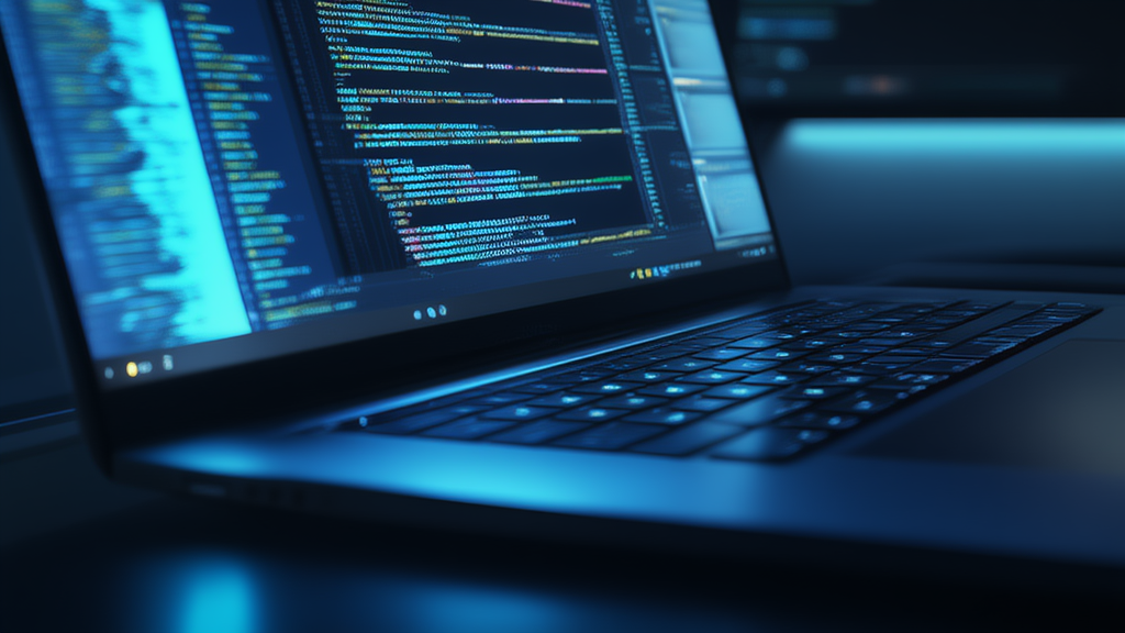 Schermo di un laptop con codice e un browser aperto, luce fredda da data center