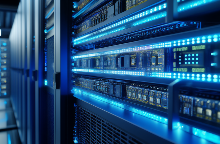 Chip ASIC Jalape&ntilde;o di OpenAI su un rack data center con illuminazione blu