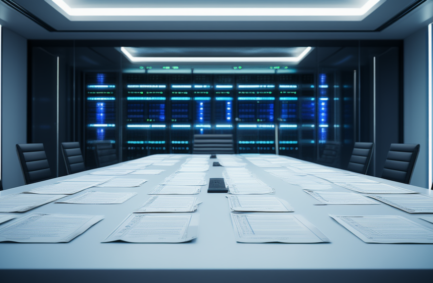 116 firme su un documento, riflesso in uno specchio che mostra un server room