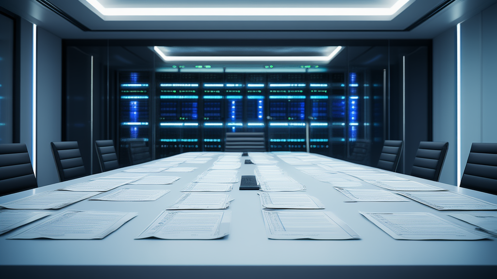 116 firme su un documento, riflesso in uno specchio che mostra un server room
