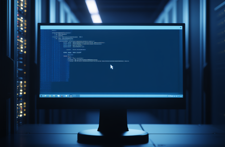 Processo inattivo su un monitor Windows che attende un segnale di rete, luce blu soffusa