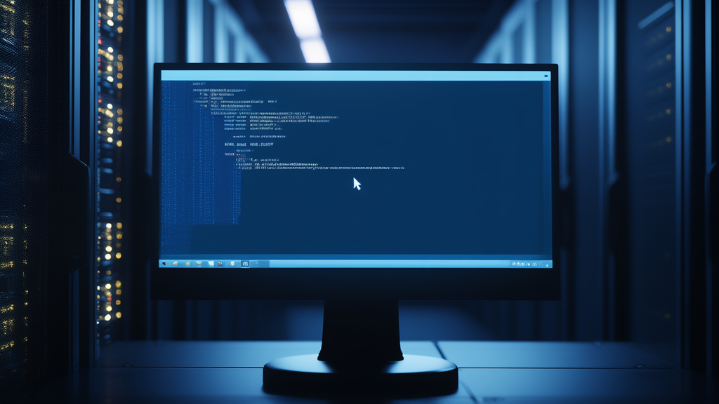 Processo inattivo su un monitor Windows che attende un segnale di rete, luce blu soffusa