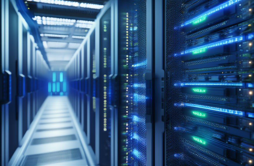Chip di memoria HBM e server AI in un data center illuminato