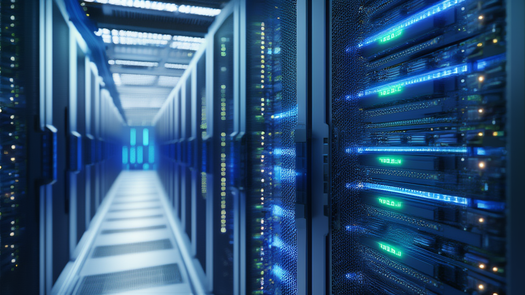 Chip di memoria HBM e server AI in un data center illuminato