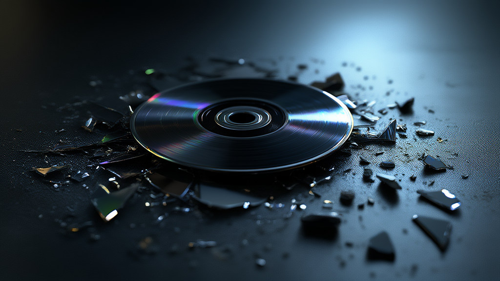 Un disco ottico rotto con frammenti di plastica sparsi su un tavolo scuro